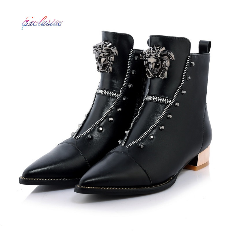 Woman Rivets Ankle Boots Winter Short Plush Fashion Sequined Thick With Shoe High Quality Full Grain Leather Rivets Ankle Boots