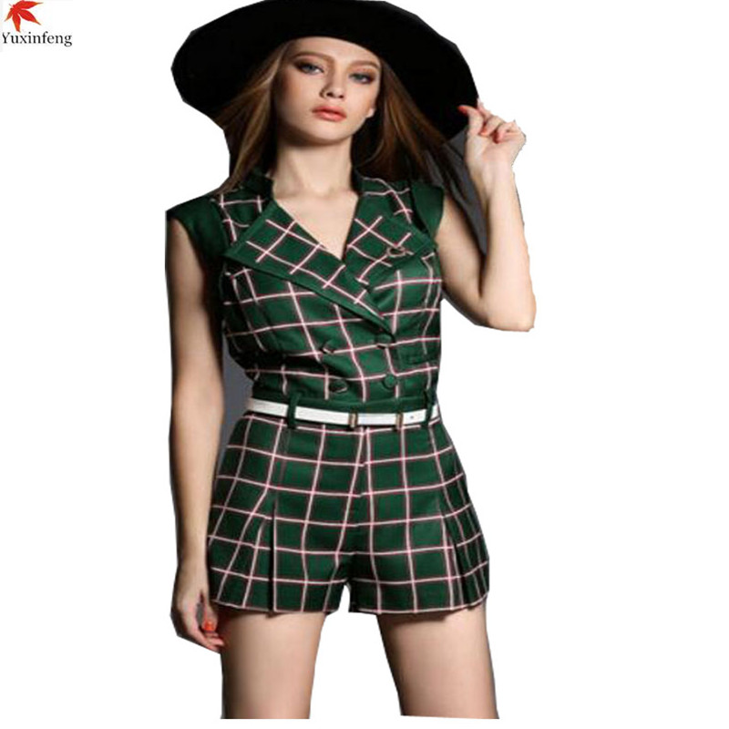 2016 Summer New Women Jumpsuits Europe Girls Birtish Style Lapel Short Rompers and Jumpsuit