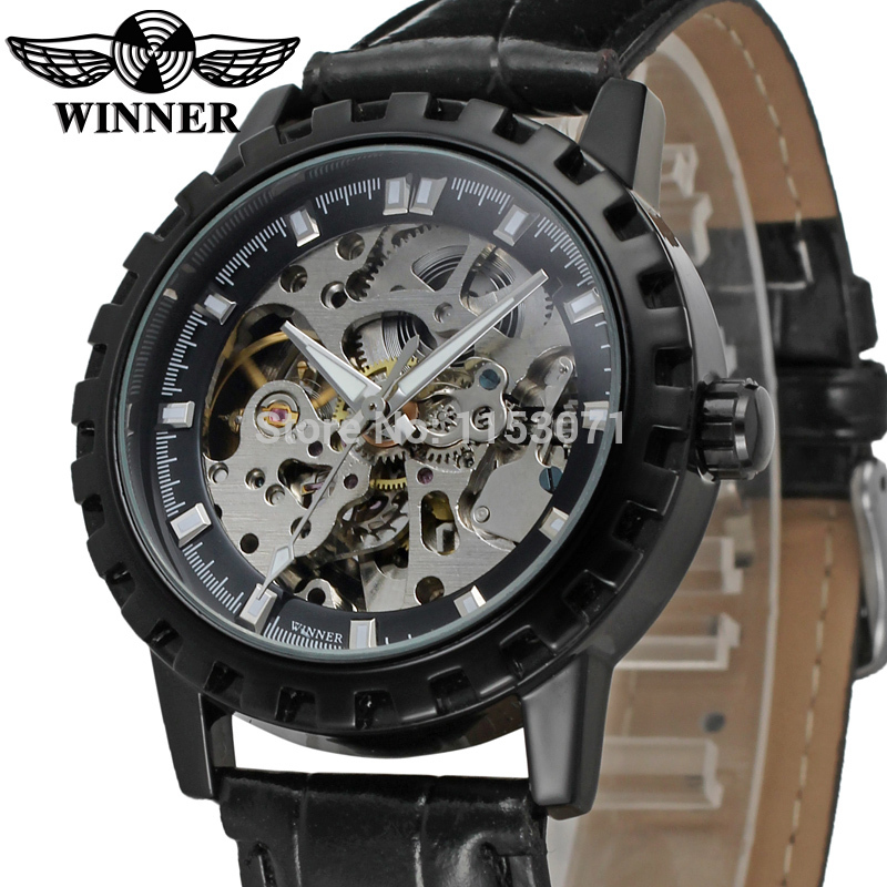 WRG8079M3B2 Winner brand automatic men black color skeleton business dress watch with gift box free shipping