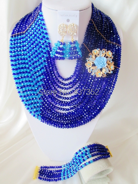 Royal Blue Crystal 15 layers Handmade African Beads Jewelry Set Nigerian Wedding Beads Bridal Jewelry Set Free Shipping CPS-3035