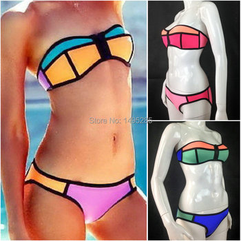 Летнее треугольное бикини Сексуальный пляжный купальный комплект из неопрена контрастных цветов - LB002