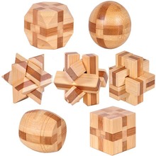 7 unids/lote 3D bambú respetuoso del medio ambiente IQ jigsaw adultos rompecabezas, juguetes educativos de madera para los niños