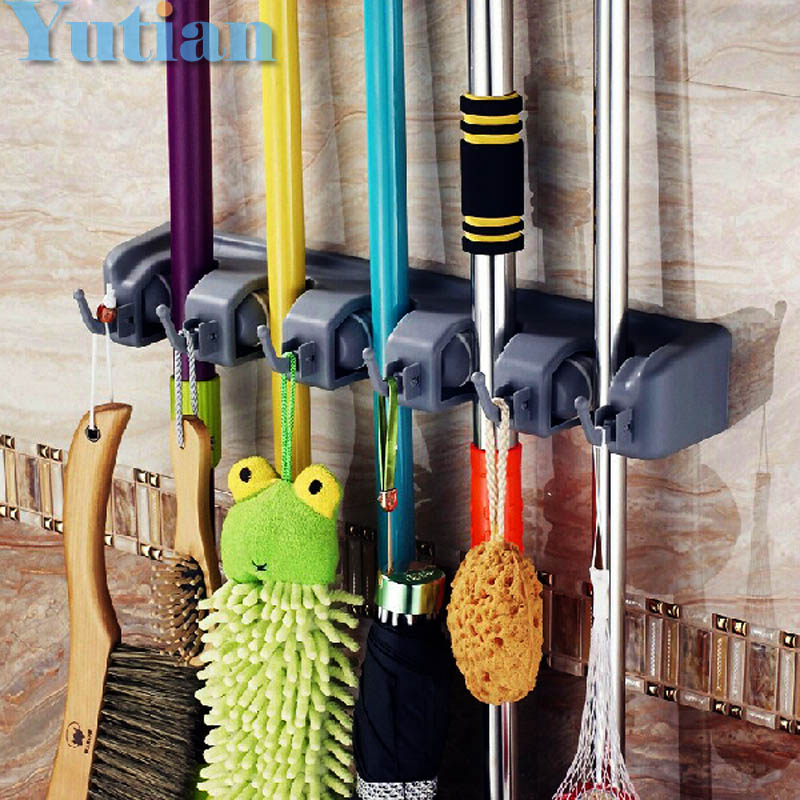 Free Shipping Modern Plastic Wall Mounted 5 Position Kitchen Storage Mop Broom Organizer Holder Tool w/hook YT-9411