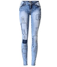 2016 Women High Quality Fashion Sexy Low Waist Skinny Vintage Slim Bow Cotton Patchwork Pants Hole Pencil Jeans Female Denim