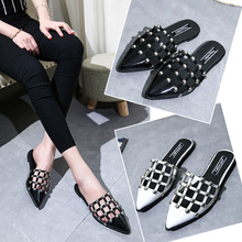 White Plain Lady Sandals Baotou Slide Rivets Sandals Women Low Heel Pointed Large Ladies Slippers Summer Shoes Woman 2016 Black