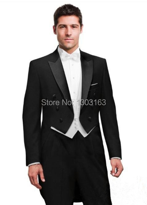 2014 Custom Made Black Tailcoat Peak Lapel Groom Tuxedos Groomsmen Men's Wedding Suits Best man Suits (Jacket+Pants+Vest+Tie)
