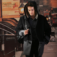 2015 season sale Men’s Fashion Horn Button Hooded Woolen Overcoat Male Color Block Decoration Woolen Trench