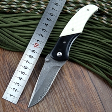 2015 el más nuevo damasco de bolsillo cuchillos plegables negro Ox Horn & blanco mango de hueso alta calidad del cuchillo de caza pulgar Pin envío gratis
