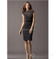 2015 Latest Black Lace Sheer Bateau Neckline Cap Sleeves Covered Buttons Back Mini Short With Sash