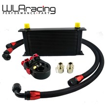 WLR – Universal 19ROWS OIL COOLER ENGINE KIT +AN10 oil Sandwich Plate Adapte with Thermostat +2PCS NYLON BRAIDED HOSE LINE BLACK
