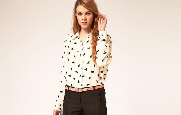 2014 Spring Autumn Animal Elephant Print Lapel Collar Button Down Slim Blouse OL Tops Long Sleeve Shirt