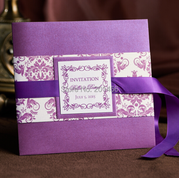 Monogrammed Wedding Invitation Purple Silver Floral Faux Foil Printed Ribbon Joined Hearts Monogram Wedding Invitations Purple Wedding Invitations Purple And Silver Wedding