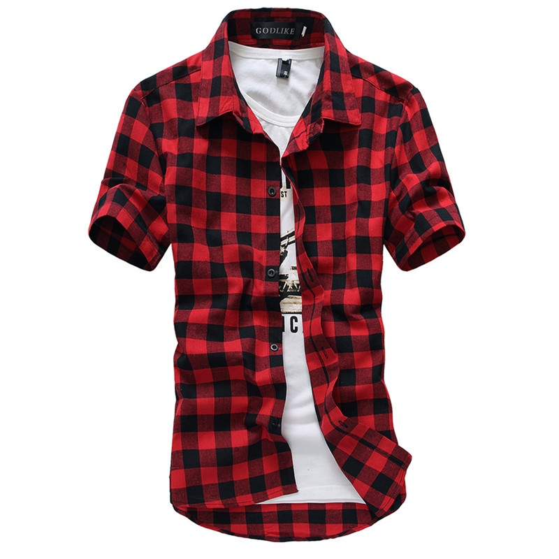 Red And Black font b Plaid b font Shirt Men Shirt Summer Style Vetement Homme Casual