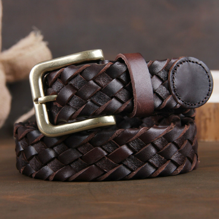Luxury braided genuine leather belt for men and women, unisex top quality real leather cowhide ...