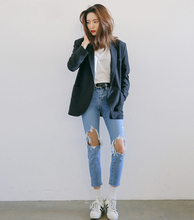 Spring and Summer New Arrival Ulzzang Handsome Pencil Pants Broken Hole Design Light Blue Jeans