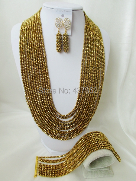 Fashion 26'' Long 12layers Gold Plated Coffee Copper Crystal Nigerian African Wedding Beads Jewelry Set CPS5232
