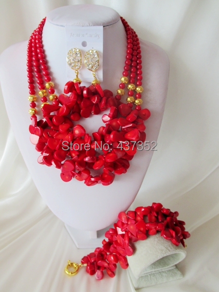 Fashion Nigerian African Wedding Beads Jewelry Set , Red Coral Beads Necklace Bracelet Earrings Set CWS-327