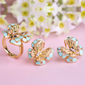Luxurious Gold Butterfly Earrings Ring Set 2016 Fine Jewelry Sets Blue Enamel Wedding Rings French Hooks
