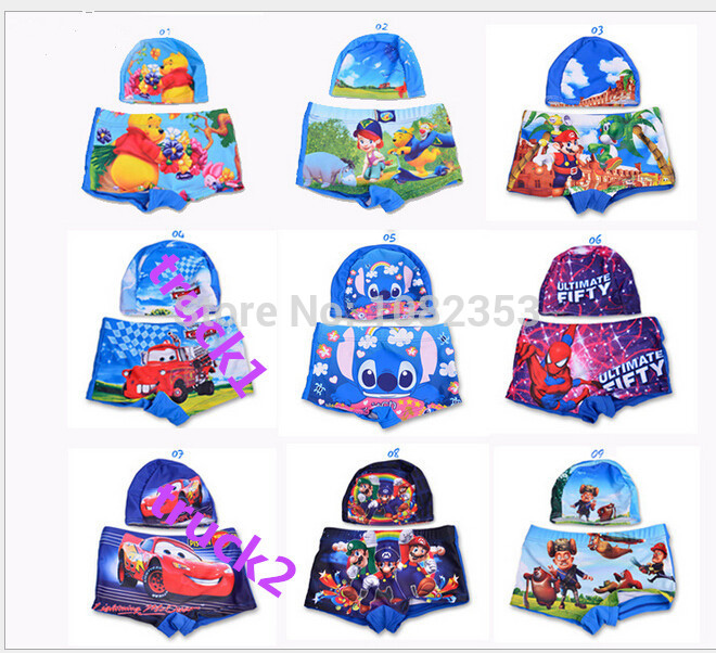 boys cartoon design swimming trunks with swim hat two sets cute children summer cloth baby water