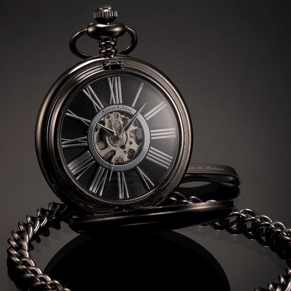 KS Antique Black Skeleton Dial Black Alloy Case Analog Hand Wind Clock Necklace Steampunk Men Mechanical