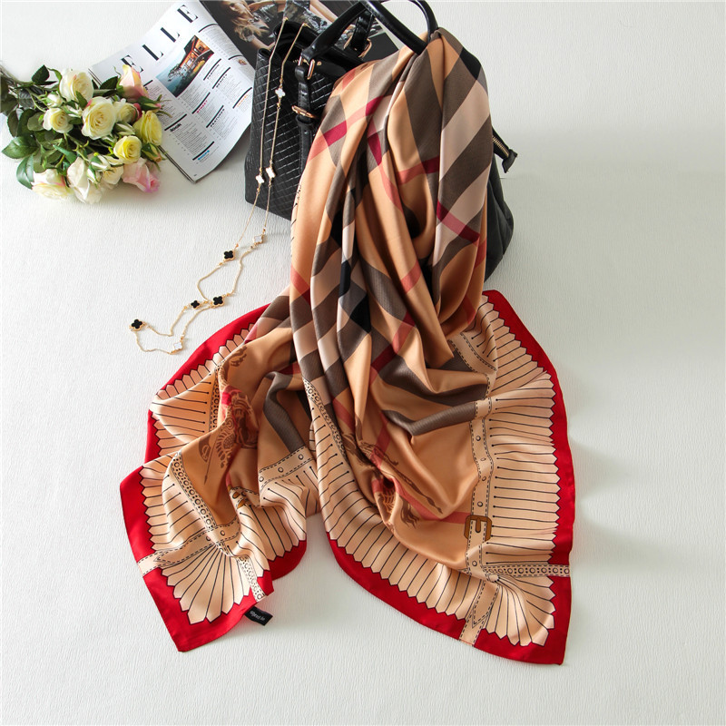 130x130 British Plaid Silk Square Scarf Brand Women Shawls font b Tartan b font Foulard carre