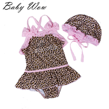 New Baby Swimming Suits Girls Leopard Swimwear Cute Children Bowknot Swimsuit With Skirt Piece Skirt With Swim Cap tyh-40496