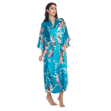 Blue Chinese Women Long Silk Rayon Robe Kimono Yukata Bath Gown Sexy Lingerie Sleepwear Flower Plus Size S M L XL XXL XXXL BR035