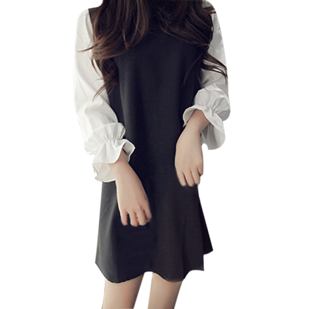 The Korean version of false two lace collar temperament Lantern Sleeve Dress