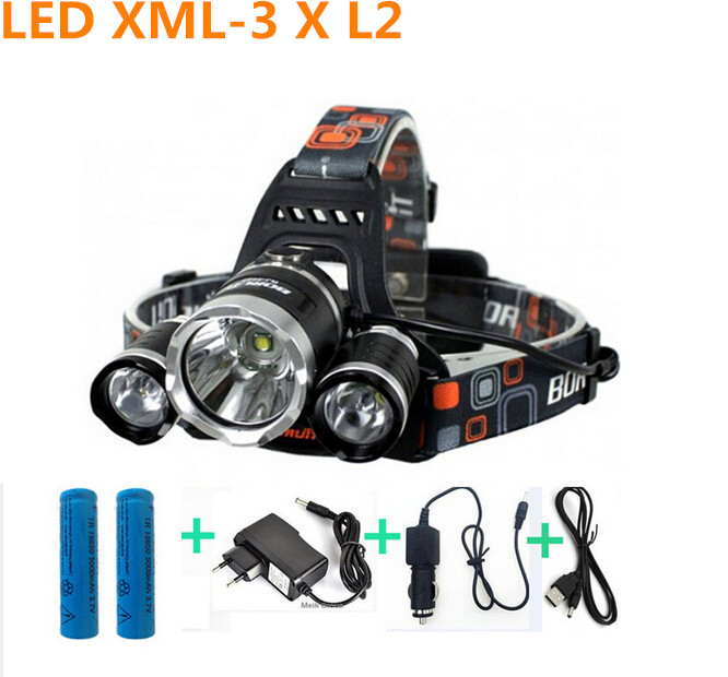 Led Headlamp XM-L 3*L2 9000LM Rechargeable LED Headlamp Headlight Outdoor Camp Lamp Head Torch+Ac/Usb/CAR Charger+18650 Battery