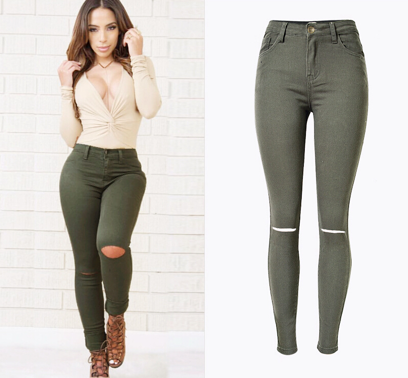 2016 Women High Waist Stretch Jeans Femme Sexy Skinny Pencil Ladies Denim Ripped Knees Holes Pants