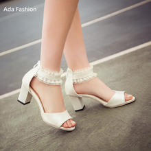 New 2016 Fashion summer open toe square high heels sandals Lace bow buckle sexy wedding shoes Women Pumps sweet princess shoes