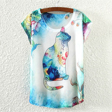 2016 Brand New Polyester T-Shirt Women Short Sleeve t-shirt o-neck Causal loose Dream Cat t shirt Summer tops for women