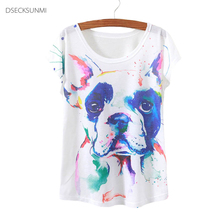 2016 Brand New Polyester T-Shirt Women Short Sleeve t-shirts o-neck Causal loose Watercolor dog t shirt Summer tops for women