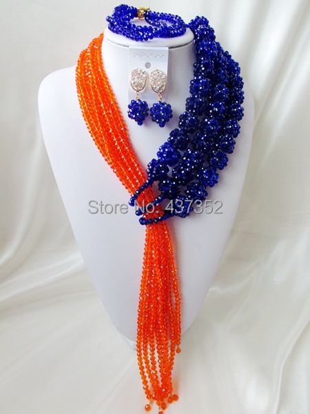 Amazing 2015 New Royal blue orange Crystal Ball Costume Necklaces Nigerian Wedding African Beads Jewelry Set NC1036