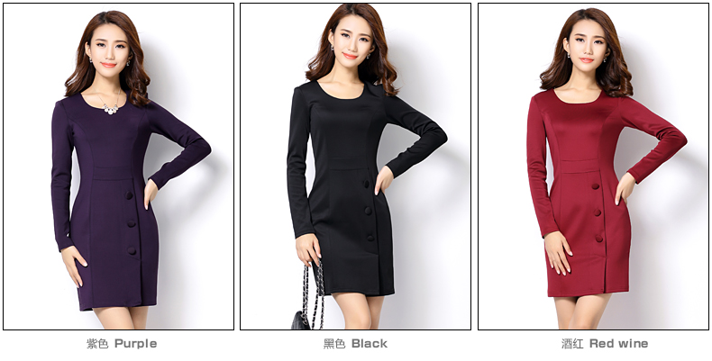 Plus Size New Autumn Women dress Slim Full Sleeve Ol Commuter Accept Waist Dresses Purple Black Wine Red 9047 -10