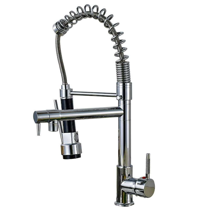 Polished Chrome Spring PullDown Kitchen Faucet with Two Spouts & Handheld Shower Kitchen Mixer Tap