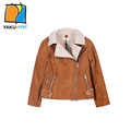 YKYY YAKUYIYI Autumn Girls Zipper Bomber Jacket Dark Brown Chic Wide Waisted Lambswool Lapel Baby Overcoat