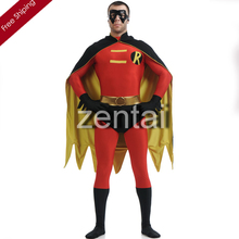 Free Shipping DHL Amazing Robin “R” Mark Red and Black Lycra Zentai Men’s Cosplay Costume With Cape RB2123