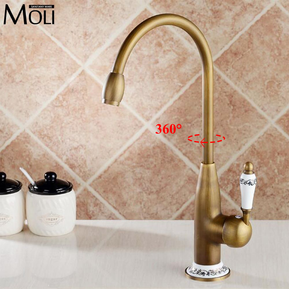 Antique brass kitchen faucet single handle single hole kitchen tap 360 degree rotation spout cold and hot water mixer