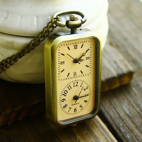 Vintage Bronze Quartz Steampunk Pocket Watch Dual Double Time Zone Movement Necklace Chain Relogio De Bolso