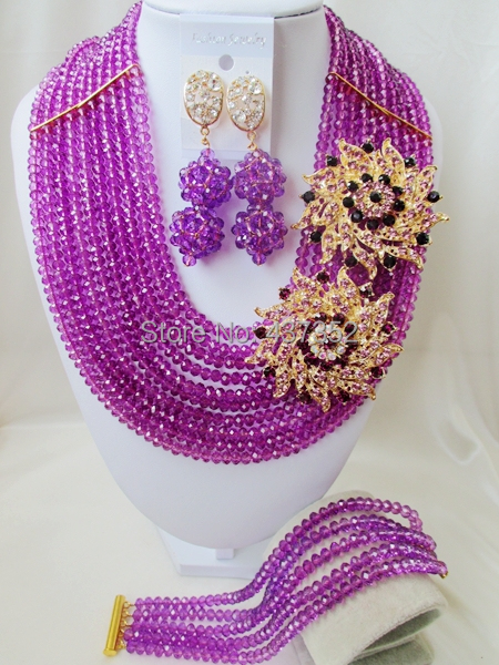 Amazing Brooches Purple Crystal Nigerian Beads Necklaces African Wedding Beads Jewelry Set CPS4838