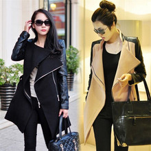 2016 Winter&Fall Fashion women coat Patchwork Womens Long Wool PU Leather Sleeve Jacket Coat Windbreaker Free Shipping