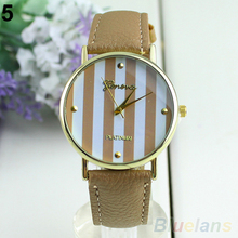 Fashion Women Men Classic Geneva Stripes Print Leatheroid Analog Quartz Dress Wrist Watches 01NS 2UQL