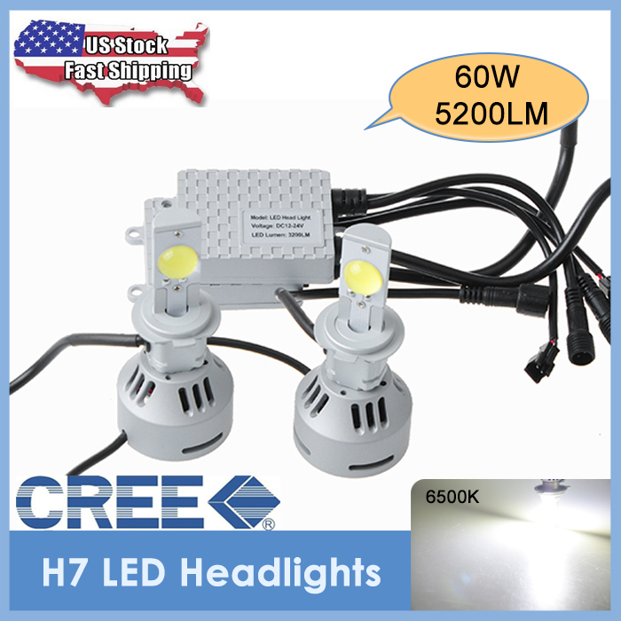 USA Stock 2015 New 1 Set H7 60W Auto CREE Car Led Headlight Fog Lamp Super Bright Headlamp Bulbs Daytime Running Lights