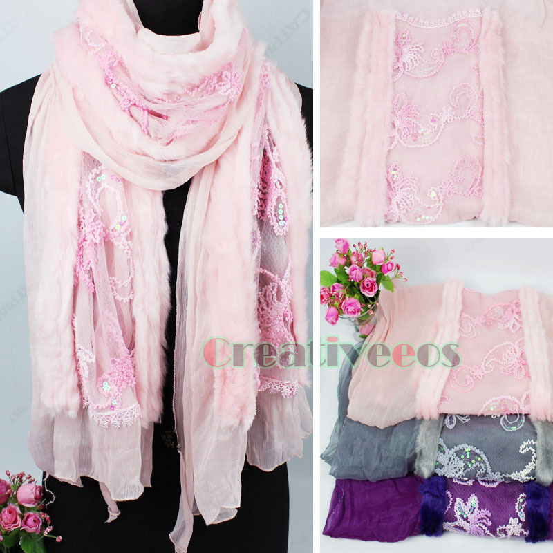 Chiffon Stitching 2 Article Artifical Rabbit Fur Lace Floral Sequins Long Scarf