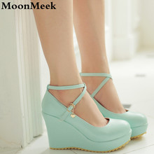 2016 Plus size 34-43 buckle strap sweet fashion women pumps abnormal heels wedges round toe top quality pu leather wedding shoes