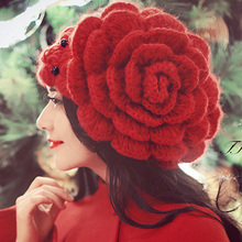 2016 Korean Handmade 3D Flower Knitting Warm Hat For Women White/Red Fashion Dress Beret Hat Soft Beanies Cap