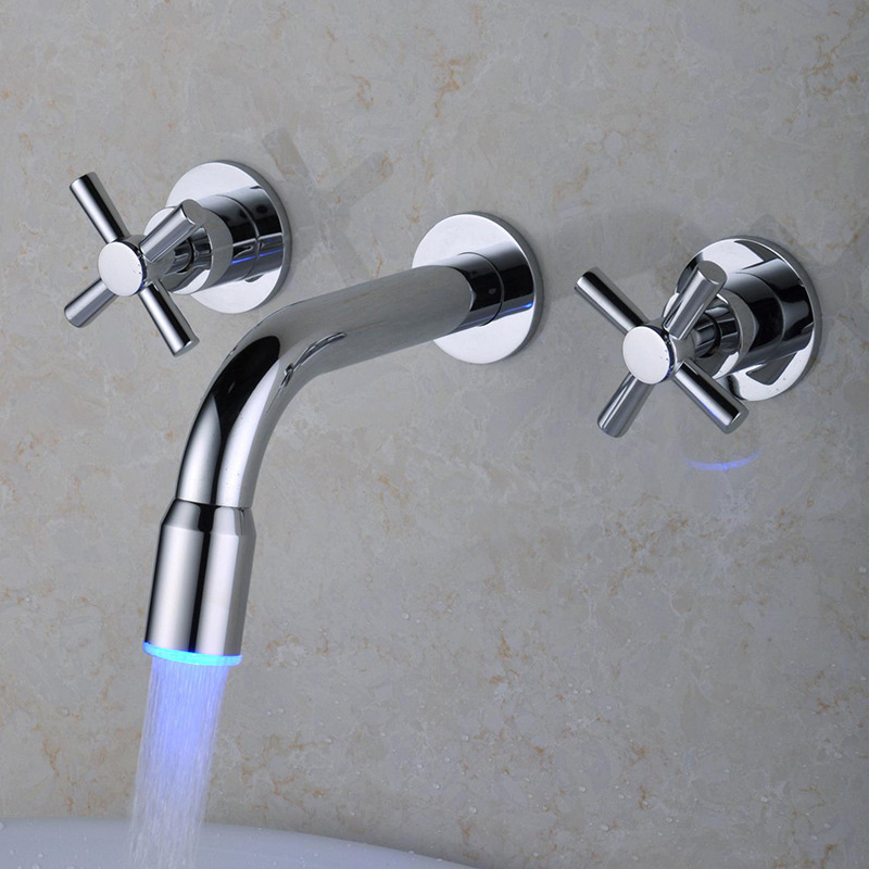 Concealed Bathroom LED Light Basin sink Faucet W/ Two Cross head handles Wall Mounted Basin Mixer Tap