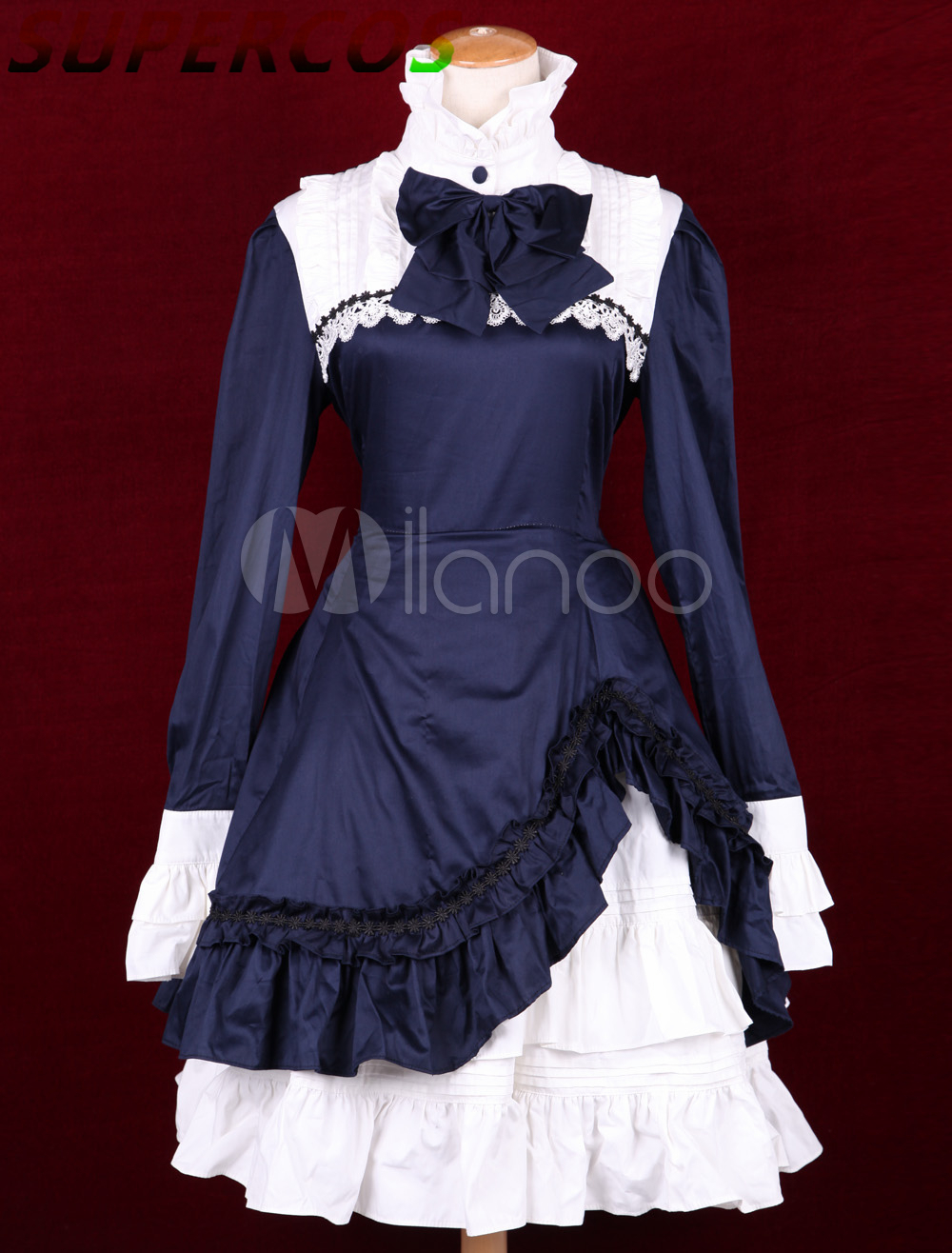 Free shipping! New Arrivals! High quality! White Navy Blue Cotton Stand Collar Long Sleeves Classic Lolita Dress