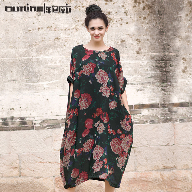 Jiqiuguer оригинальный бренд печатных платье женщин старинные печать - цельный платье свободно средней длины Большой размер длинное платье